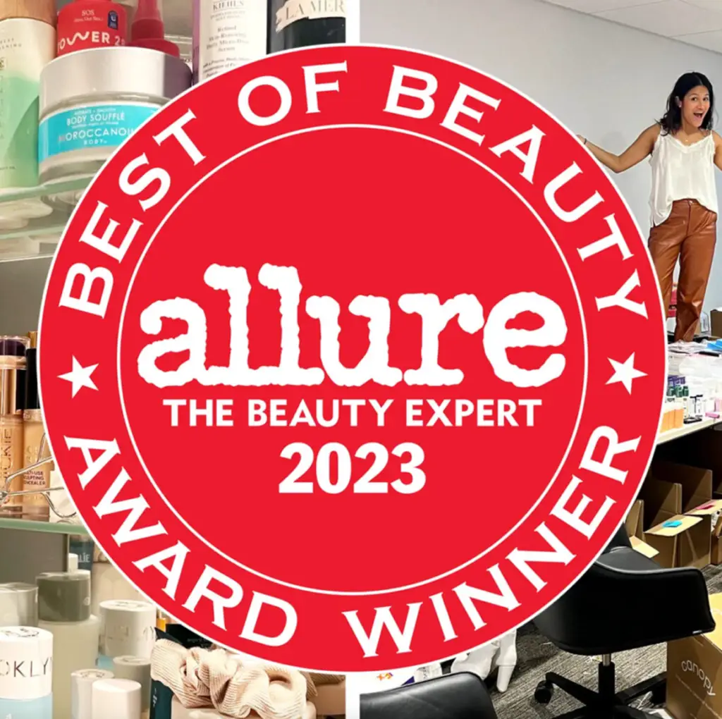 Allure Best of Beauty Awards 2023 Winner badge seal in red with "THE BEAUTY EXPERT" and excited beauty expert in background