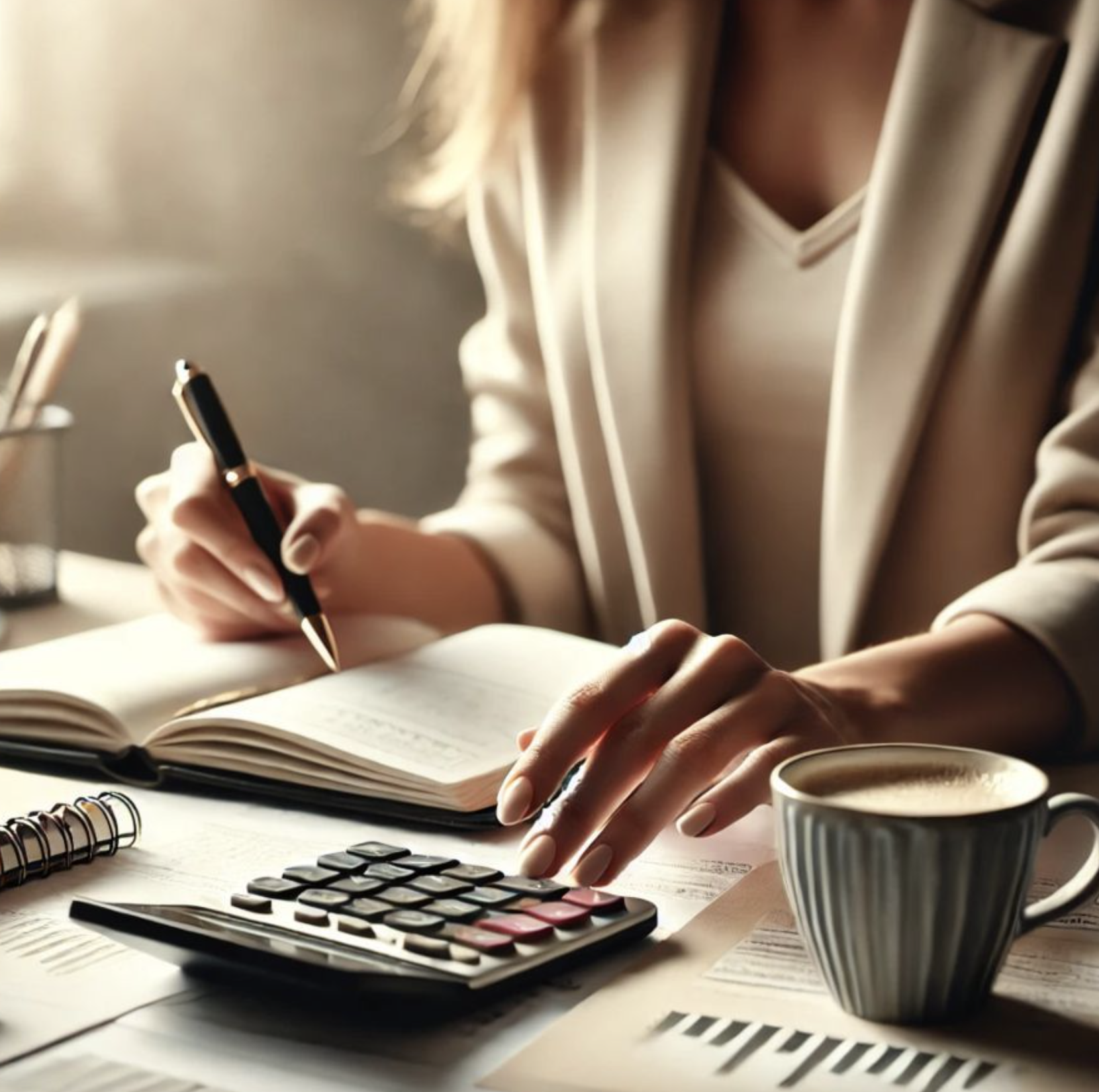 Person calculating PR costs "how much does pr cost" using a calculator while writing notes on business expenses and budgeting.