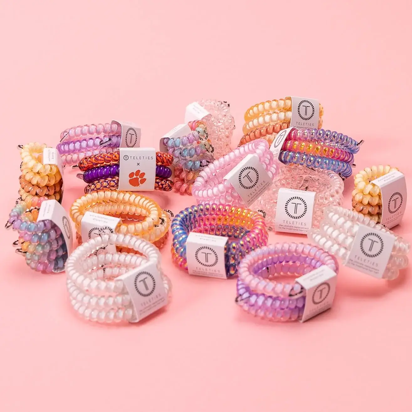 Teleties colorful hair ties on pink background