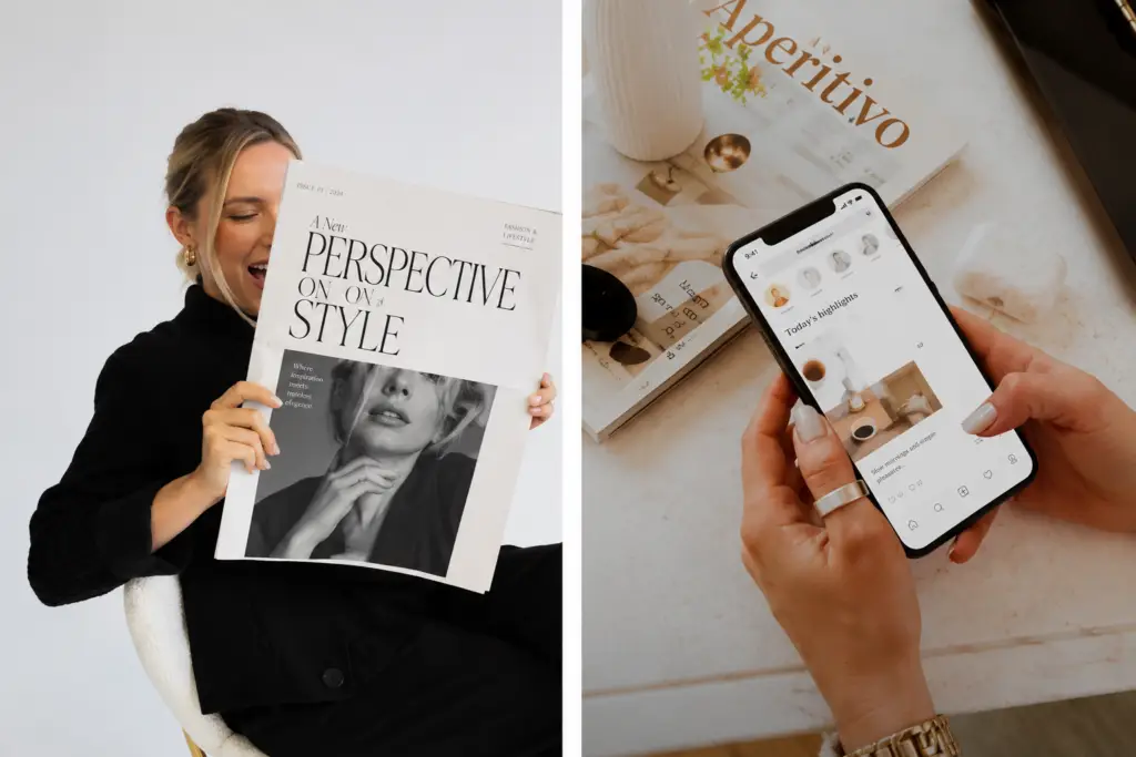 Woman holding a fashion magazine beside a smartphone displaying social media content showcasing Can AI Replace PR