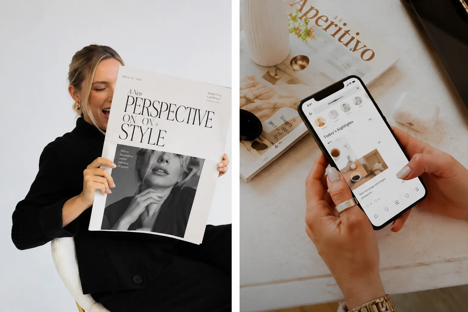 Woman holding a fashion magazine beside a smartphone displaying social media content showcasing Can AI Replace PR