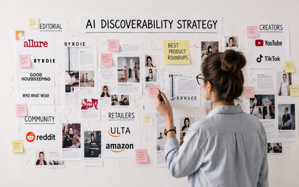 AI discoverability strategy connecting editorial coverage, product roundups, retailers, communities, and creators.