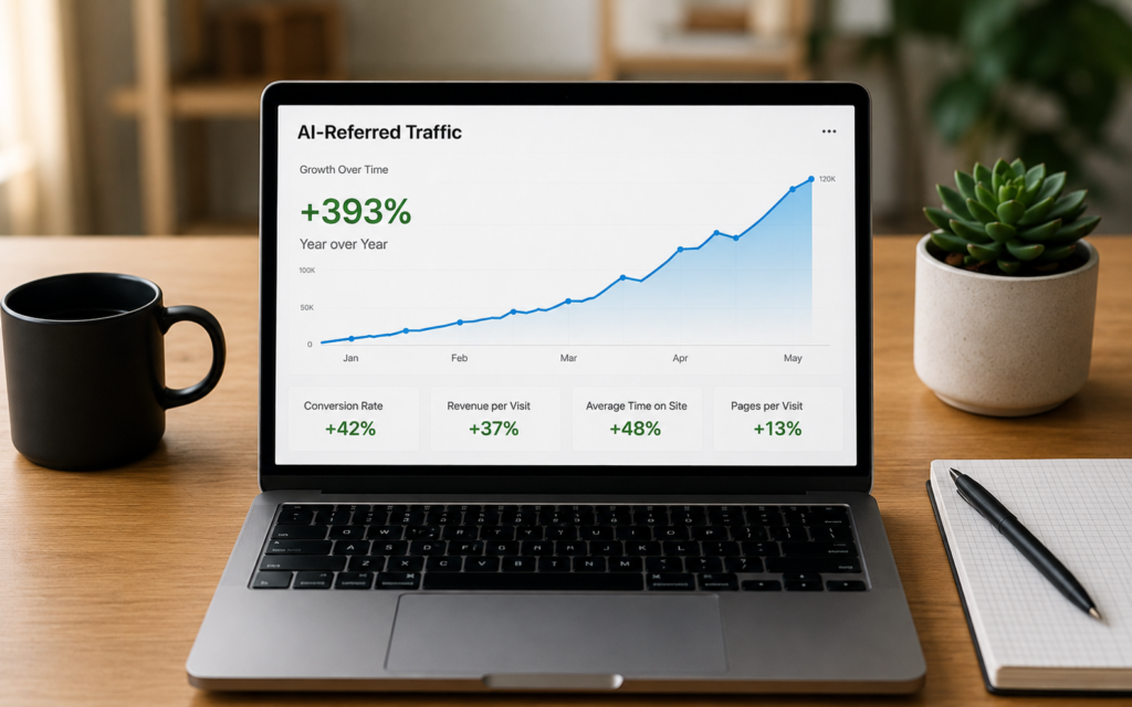 AI-referred traffic analytics showing growth in conversions, revenue per visit, time on site, and pages viewed.