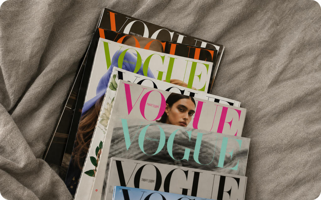 Stack of fashion magazines representing editorial recommendations and affiliate commerce