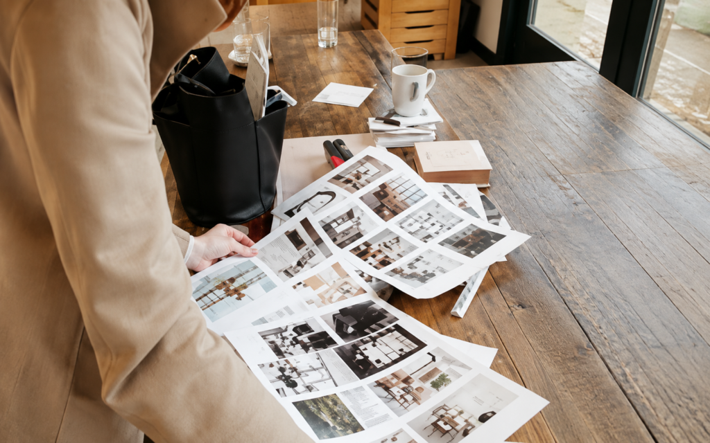 PR professional reviewing printed editorial layouts for a performance-driven media campaign