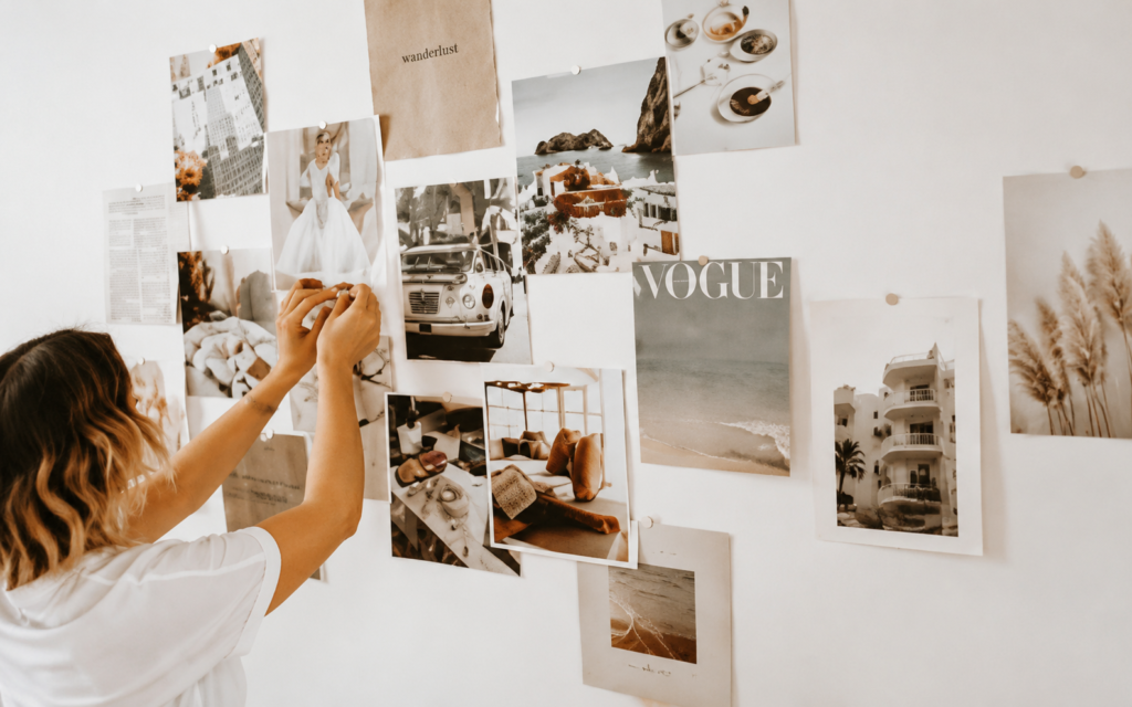Brand strategist arranging a fashion and lifestyle moodboard for a PR campaign