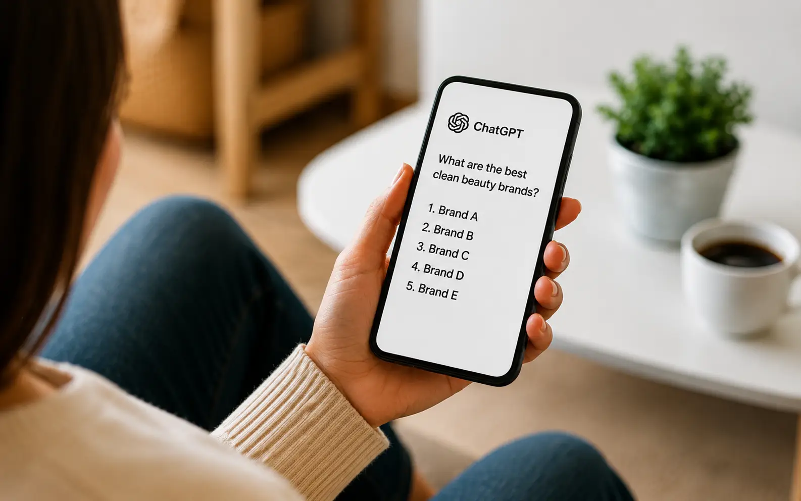 Why AI recommends some brands and not others, shown through a shopper viewing clean beauty brand recommendations in ChatGPT.