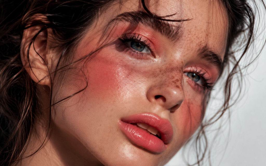 Close-up beauty image representing skincare and cosmetics brands competing for visibility in AI product recommendations.