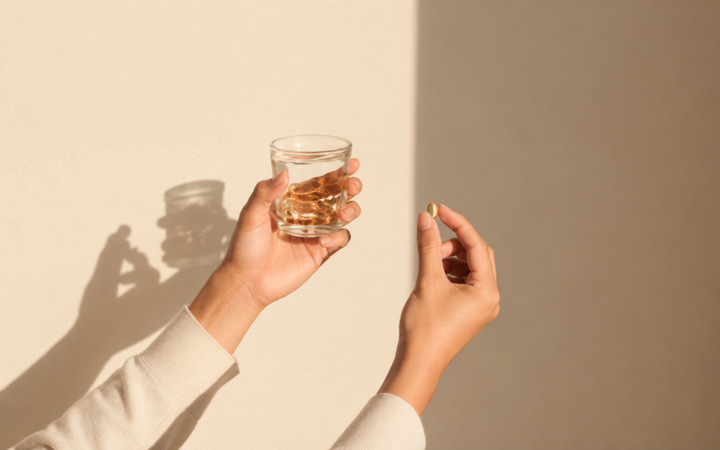 Hands holding a glass jar of golden capsules and a single capsule against a beige background.