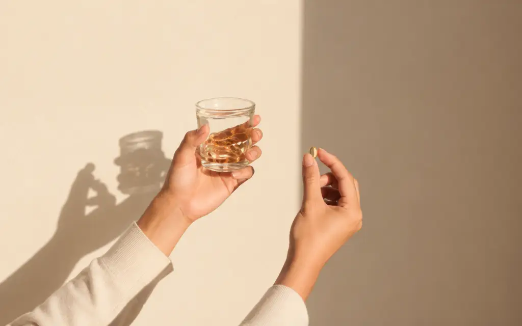 Hands holding a glass jar of golden capsules and a single capsule against a beige background.