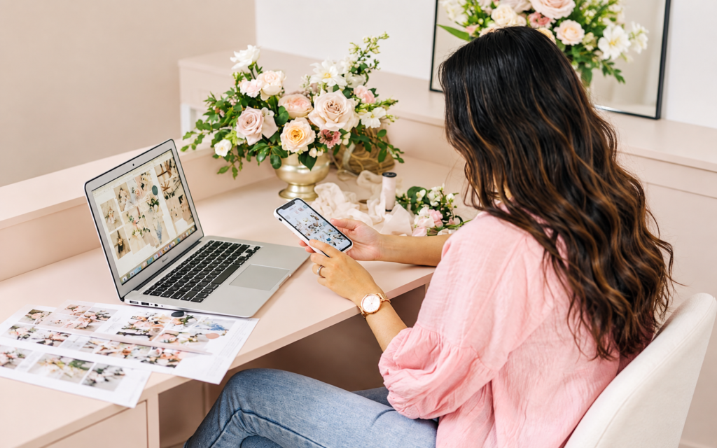 Person using a smartphone beside an open laptop at a desk decorated with flowers.