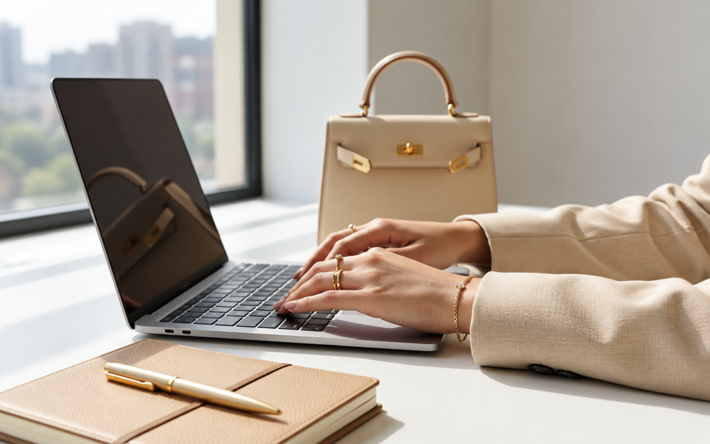 Hands typing on a laptop with a beige handbag in the background.