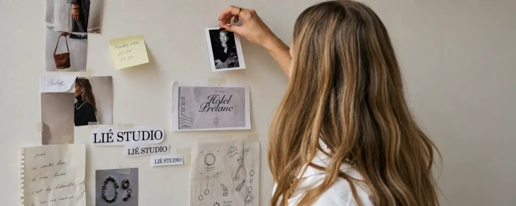 Person facing a moodboard of photographs and printed inspiration on a wall.