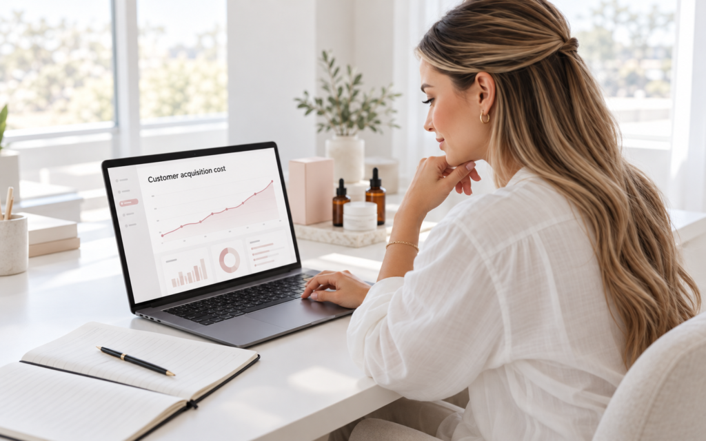 Beauty brand founder reviewing rising customer acquisition costs on a paid social dashboard