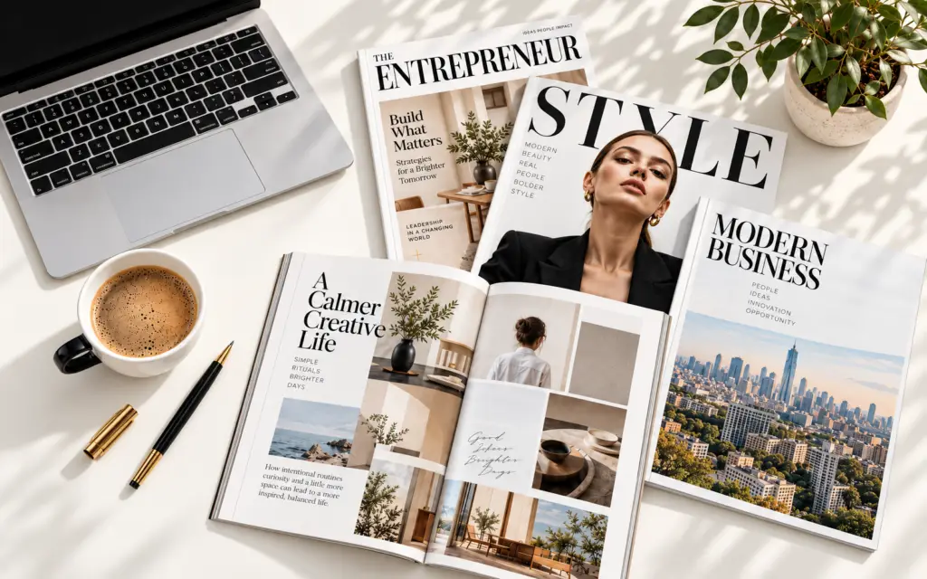 Fashion and business magazines spread across a white desk beside a laptop and coffee.