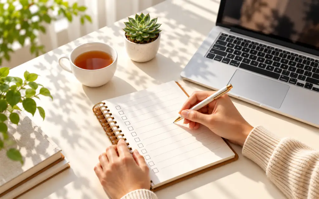 Person writing in a checklist notebook beside a laptop, cup of tea, and small potted plant.