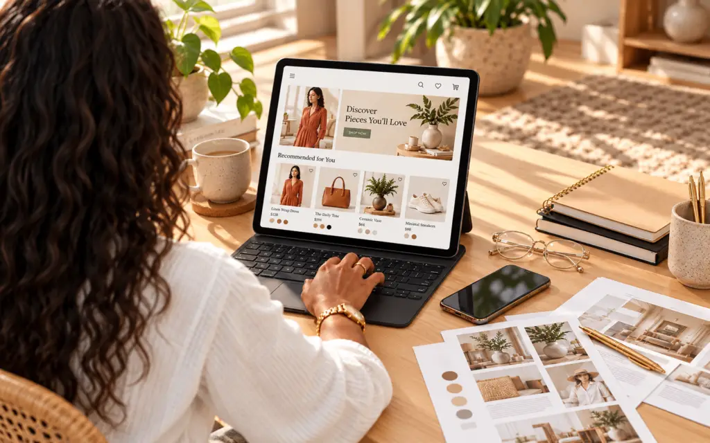 Person browsing recommended fashion and home products on a tablet at a wooden desk.