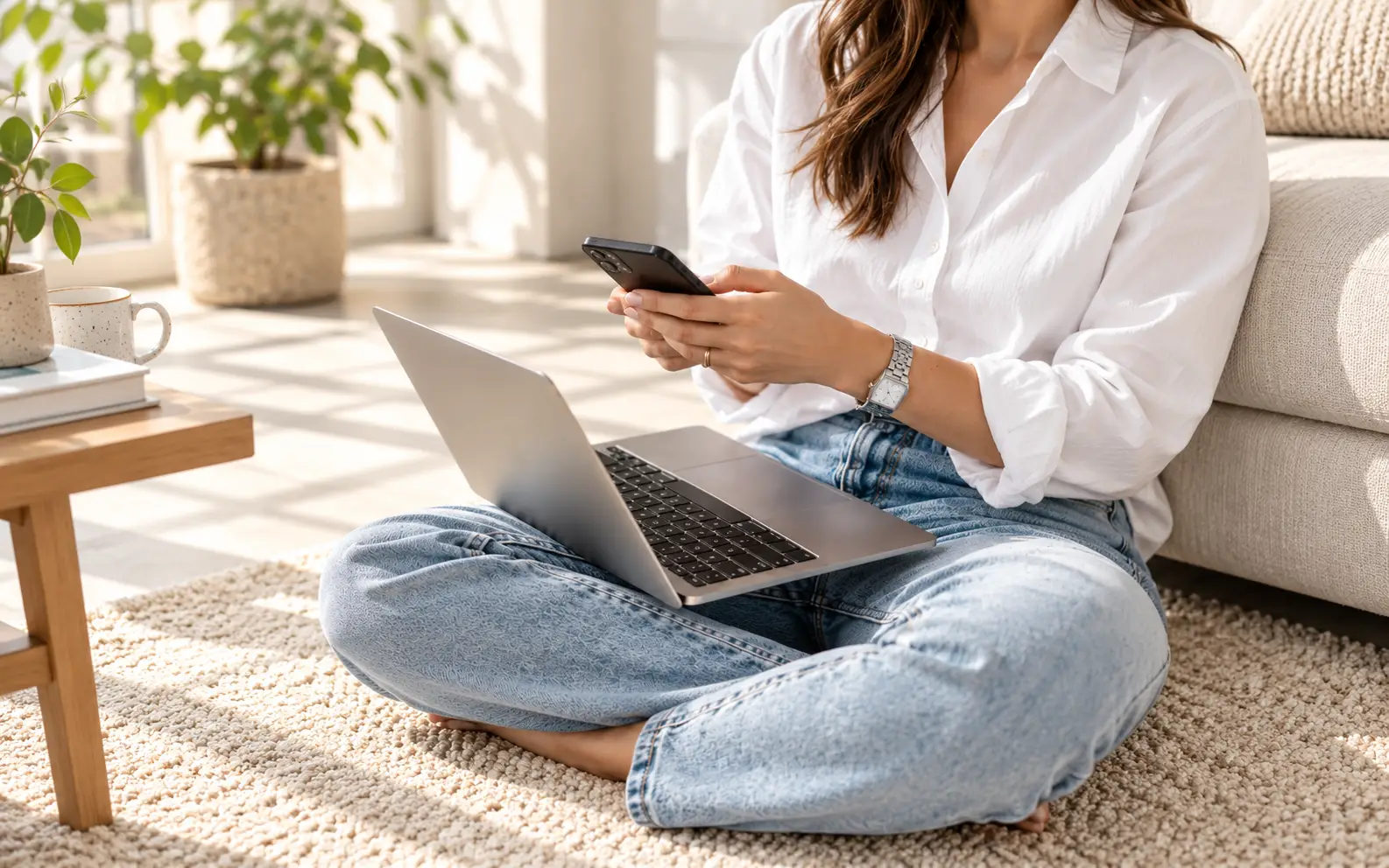 Woman in a white shirt using a smartphone while a laptop rests on her lap suggesting AI Shopping Assistants