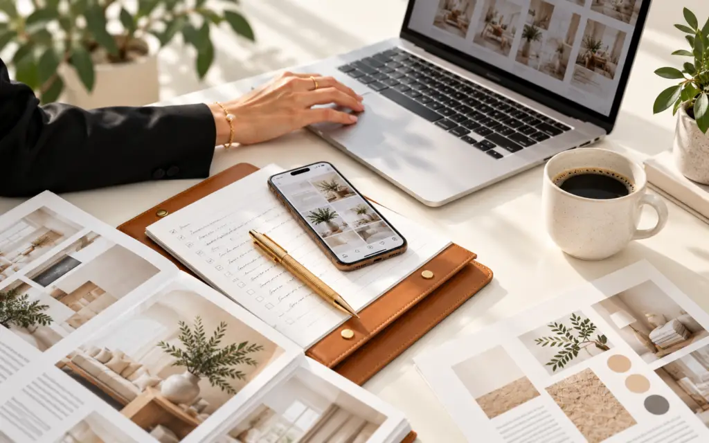 Overhead view of a laptop, smartphone, notebook, gold pen, and printed pages on a desk.