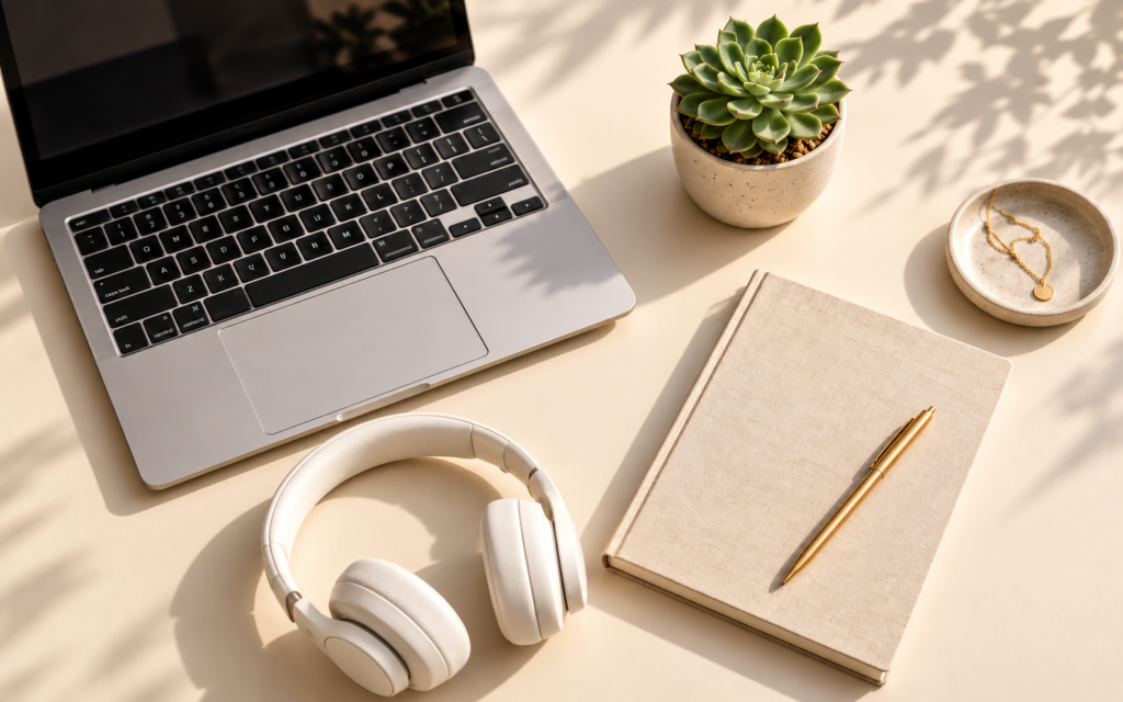 Sunlit desk with a laptop, white headphones, beige notebook, gold pen, and succulent plant.